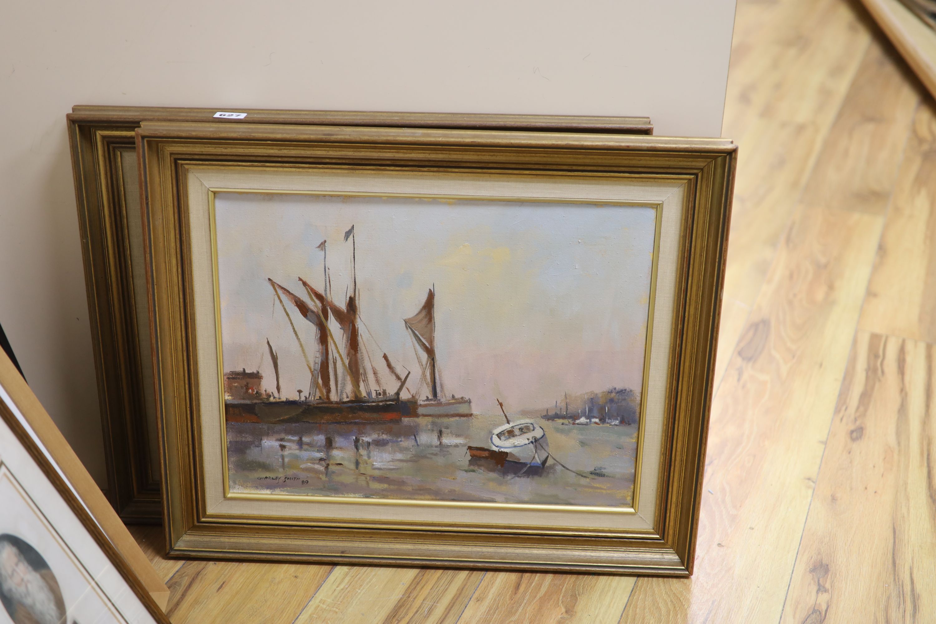 Charles Smith (Wapping Group), two oils on board, 'Bugbys, Greenwich Reach' and 'Barges at Pin Mill, Suffolk', signed 35 x 45cm